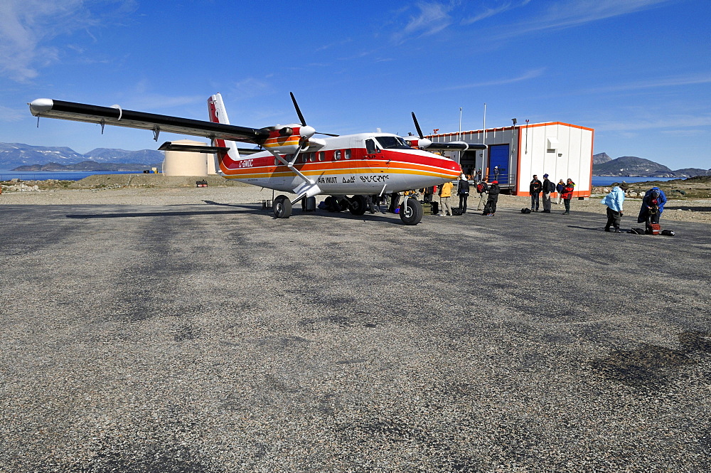 Inuit Air Twinotter plane on a small airstrip, Torngat Mountains National Park, Newfoundland and Labrador, Canada, North America