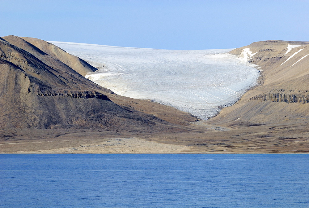 Glacier tongue and arctic desert landscape of Devon Island, Northwest Passage, Nunavut, Canada, Arctic