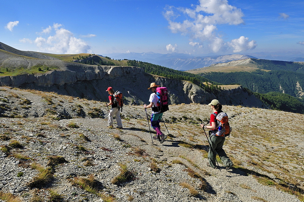 Hiking, trekking group in the Haute Verdon mountains, Alpes-de-Haute-Provence, France, Europe