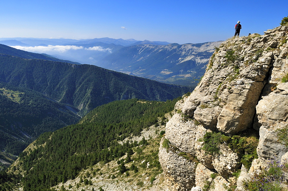 Hiking, hiker looking down the Var valley, Haute Verdon mountains, Alpes-de-Haute-Provence, France, Europe