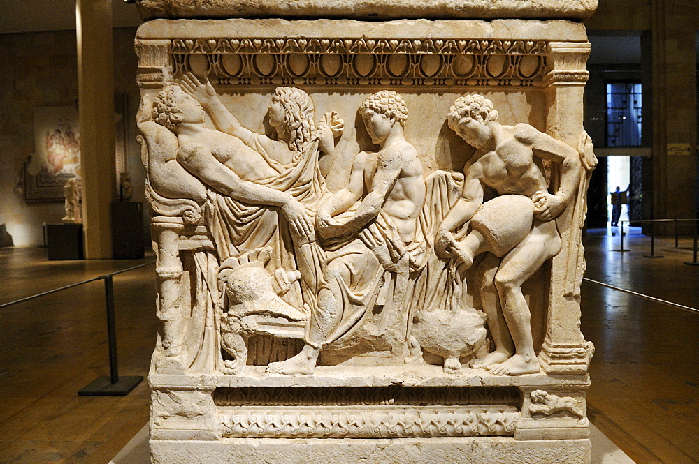 Ancient stone sarcophagus from Tyros depicting the story of Achilleus, Achillus, Tyre, Sour, National Museum, Beirut, Beyrouth, Lebanon, Middle East, West Asia