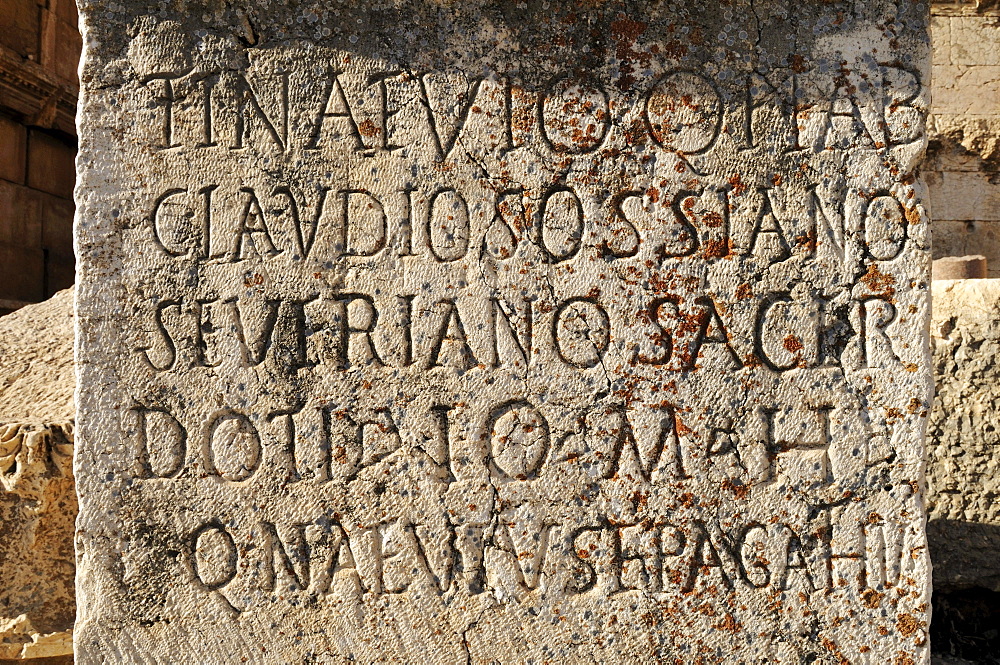 Roman inscription on a antique stele at the archeological site of Baalbek, Unesco World Heritage Site, Bekaa Valley, Lebanon, Middle East, West Asia