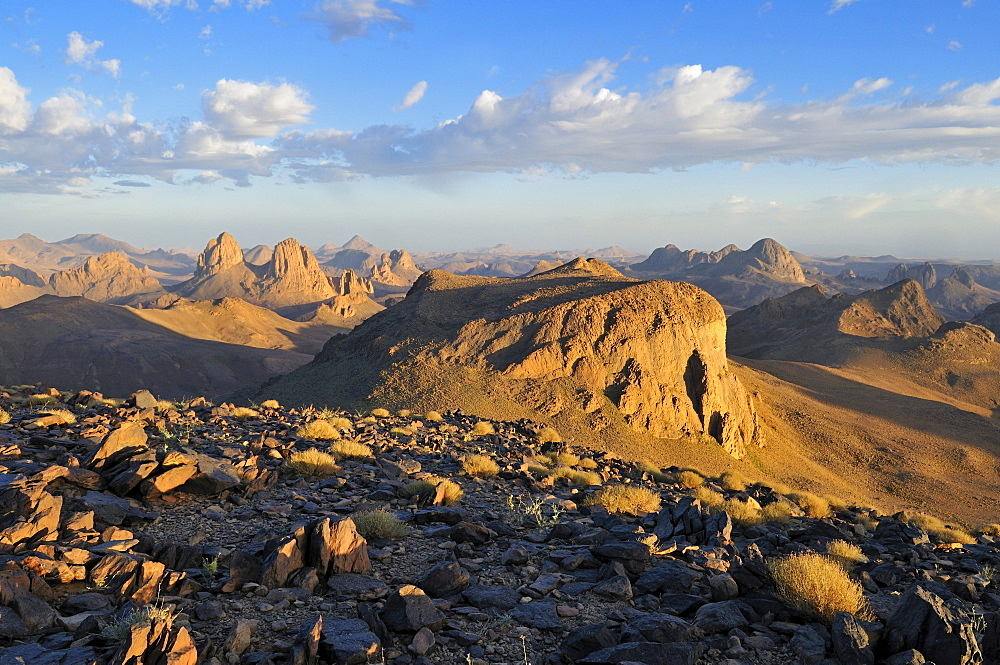 View from Assekrem over the volcanic landscape of Atakor, Hoggar, Ahaggar Mountains, Wilaya Tamanrasset, Algeria, Sahara, North Africa