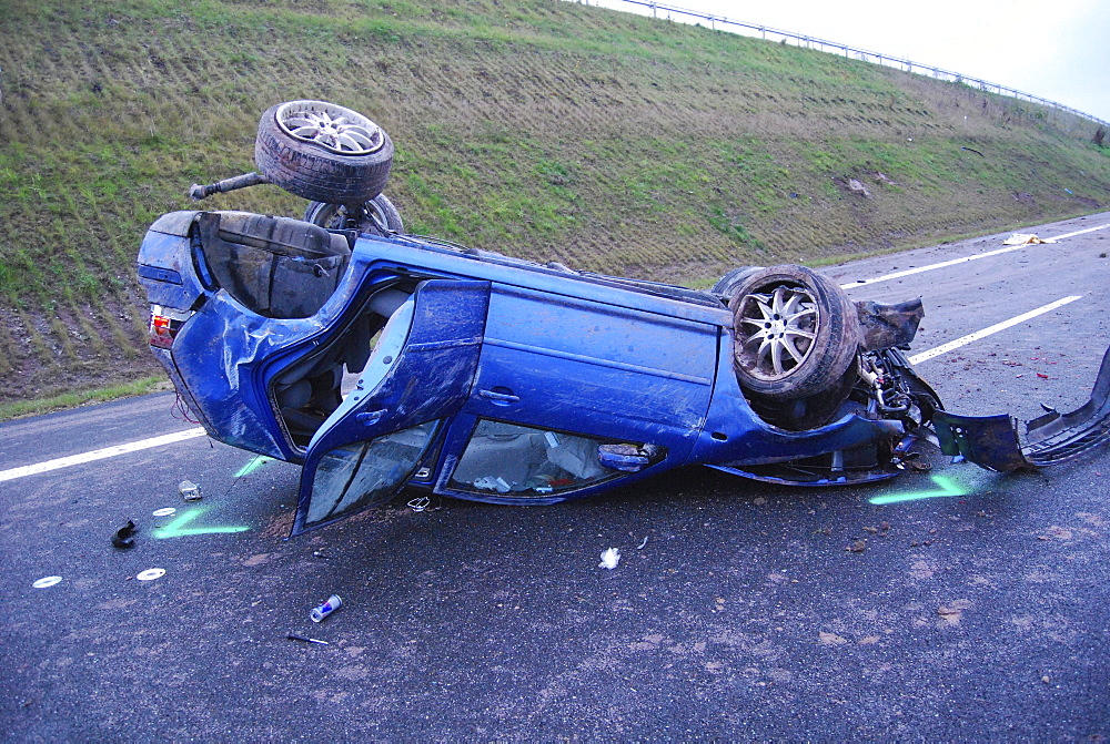 Severe accident on the B14 road, the tires of the car were almost blank, Waiblingen, Baden-Wuerttemberg, Germany, Europe