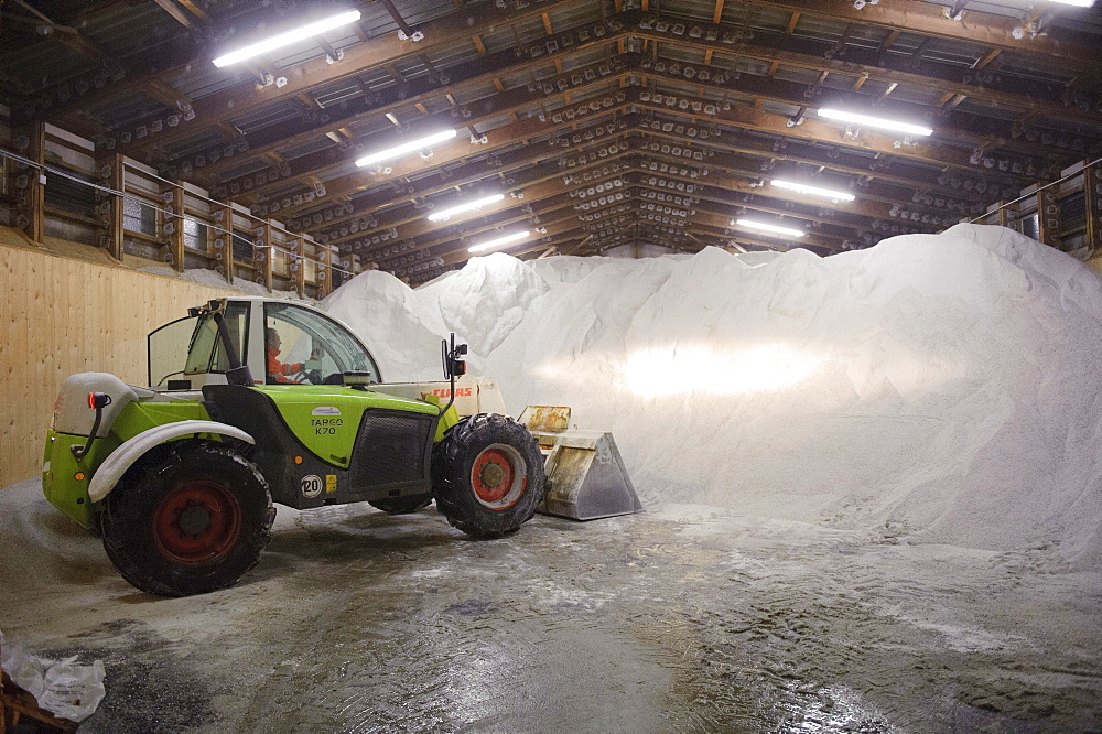 Winter services vehicles are loaded with road salt at the salt storage, motorway junction Stuttgart, Baden-Wuerttemberg, Germany, Europe