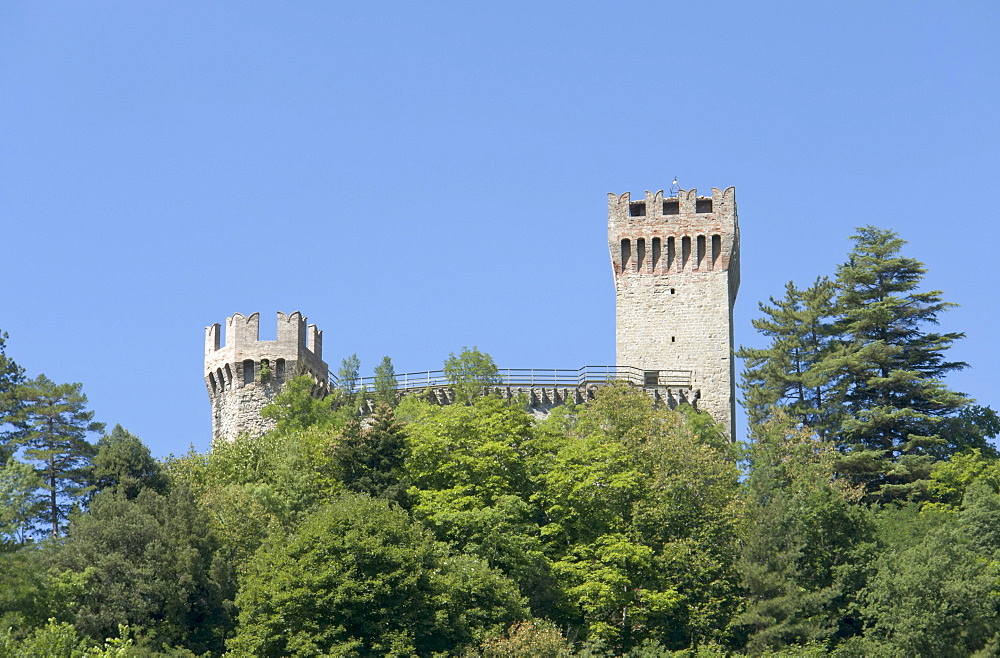 The remaining two of the three towers of the fortress of Arquata del Tronto, province of Ascoli Piceno, Marches, Italy, Europe