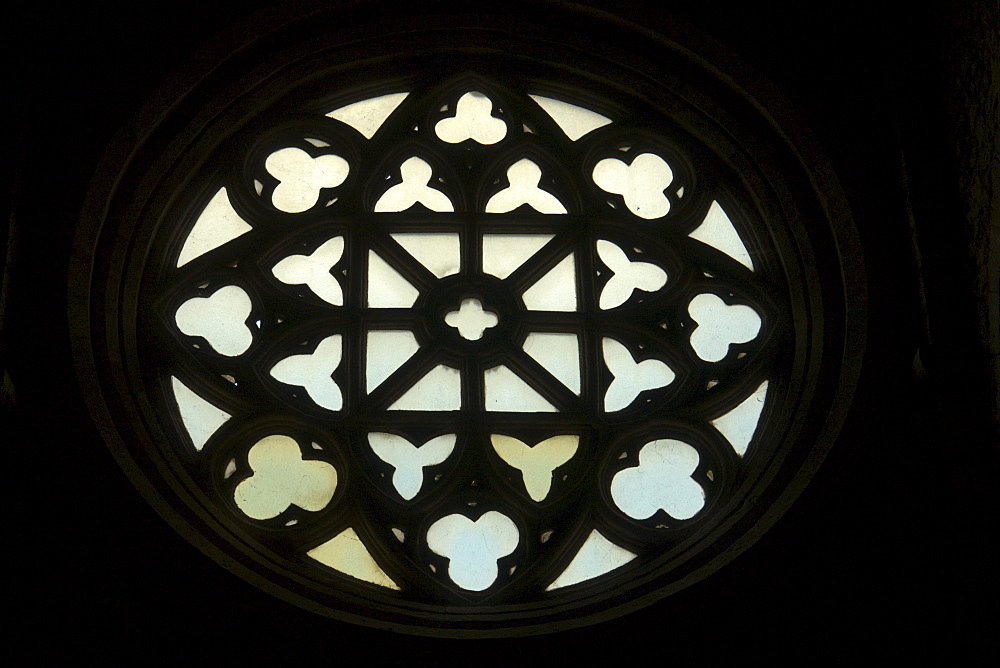 Rose window of the church Santa Maria Maggiore, early 14th century, seen from inside, peculiar for the decoration with an inscribed square, Alatri, province of Frosinone, Latium, Italy, Europe