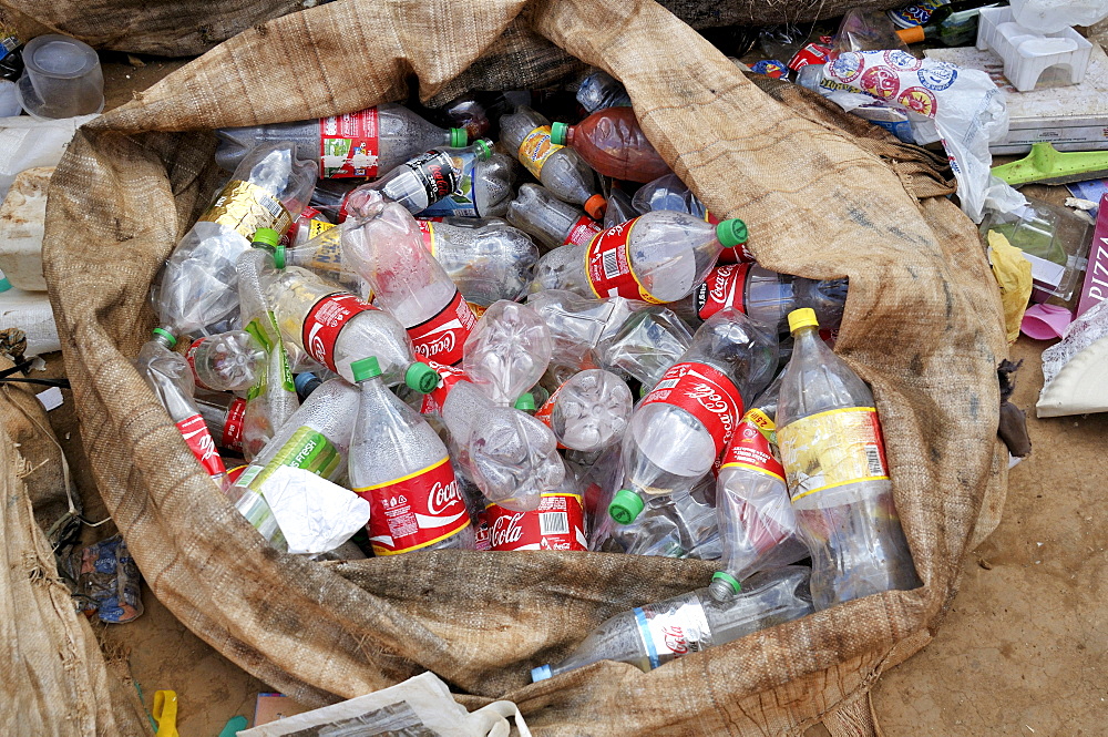 Separated waste for recycling of recyclable materials, plastic beverage bottles, Ceilandia, satellite town of Brasilia, Distrito Federal, Brazil, South America