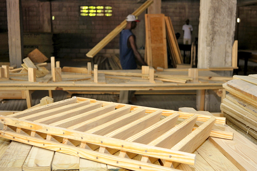 Carpentry workshop for the production of components to construct earthquake-resistant prefabricated houses for the victimes of the January 2010 earthquake, Petit Goave, Haiti, Caribbean, Central America