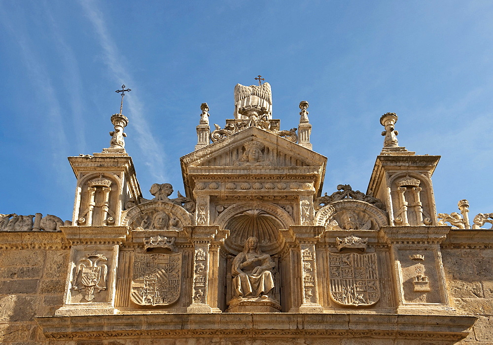 Pinnacle of the Puerta de los Romeros, Pilgrim's Gate, in the old pilgrimage accommodation in Hospital del Rey on the Way of St. James in Burgos, now the rectorate of the University of Burgos, Faculty of Law, Castilla y Leon, Spain, Europe