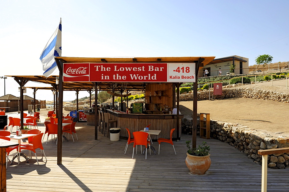 Beach bar with the sign "The lowest bar in the world", Kalia Beach Dead Sea, Israel, Middle East, Southwest Asia