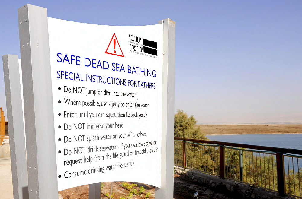 Sign "Safe Dead Sea bathing", Kalia Beach, Dead Sea, Israel, Middle East, Southwest Asia