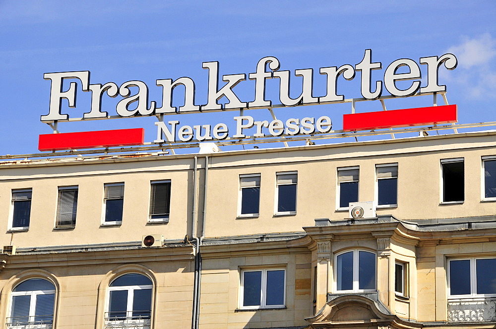 Facade at the main train station with ads for the Frankfurter Neue Presse, Frankfurt, Hesse, Germany, Europe