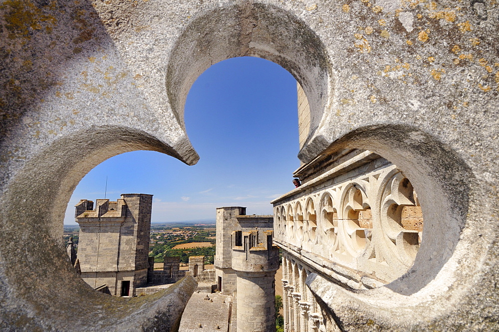 Looking through a stone rosette on Beziers, Languedoc-Roussillon, France, Europe