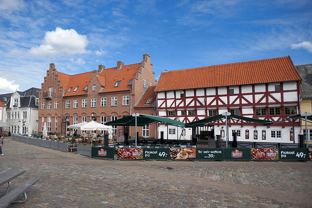 CW Obel Plads square with half-timbered houses, Aalborg, North Jutland, Denmark, Europe