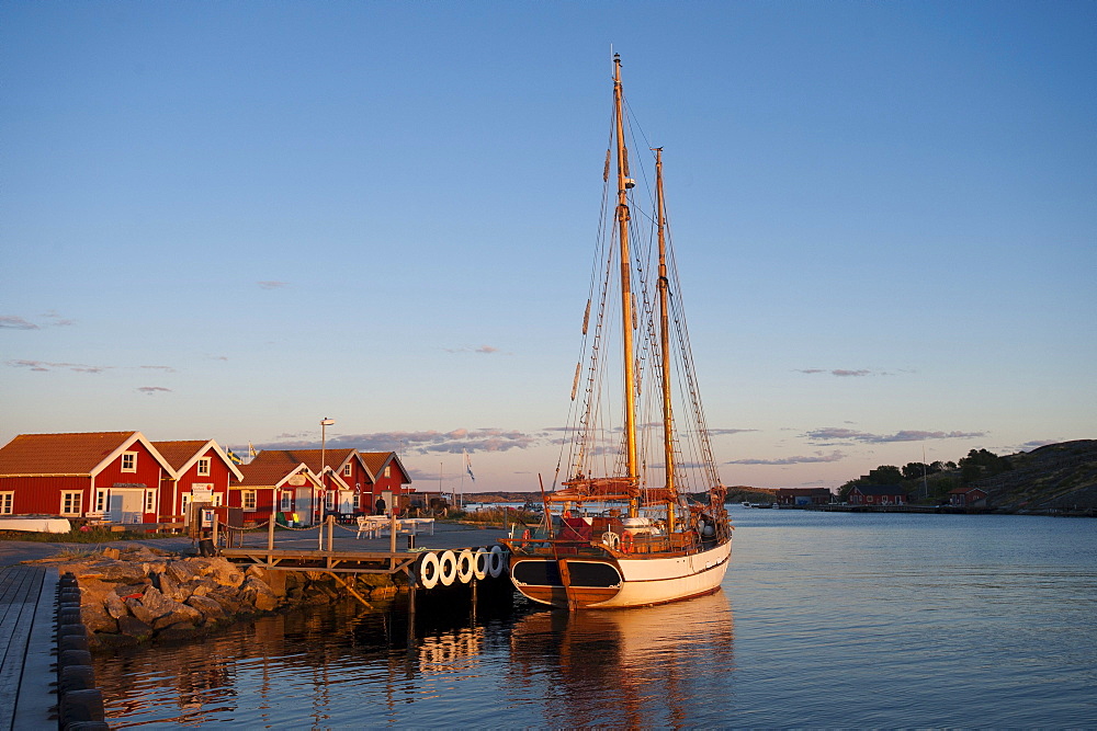 Sailing yacht anchored in the harbour, Molloesund, Vaestra Goetaland County, Sweden, Europe