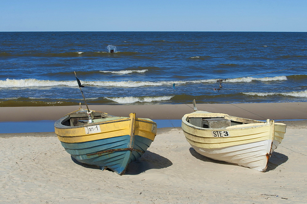 Fishing boats on the beach, spit on the Vistula Lagoon, Baltic Sea, Pomerania, Poland, Europe