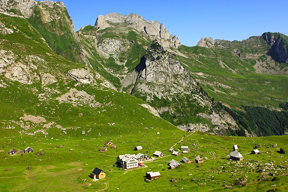 Alpstein hiking region, view down to Meglisalp Mountain Inn, Alpstein, Appenzell Innerrhoden, Switzerland, Europe