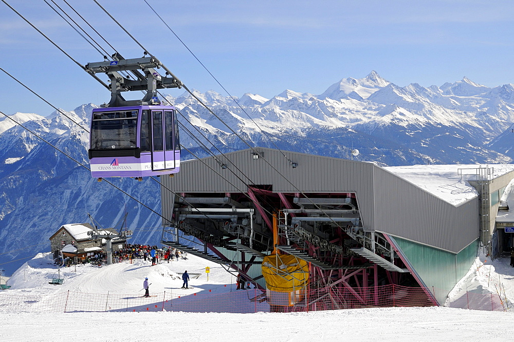 Valley station and gondola of the cable car to the Plaine-Morte glacier, ski resort Crans Montana, Valais, Switzerland, Europe