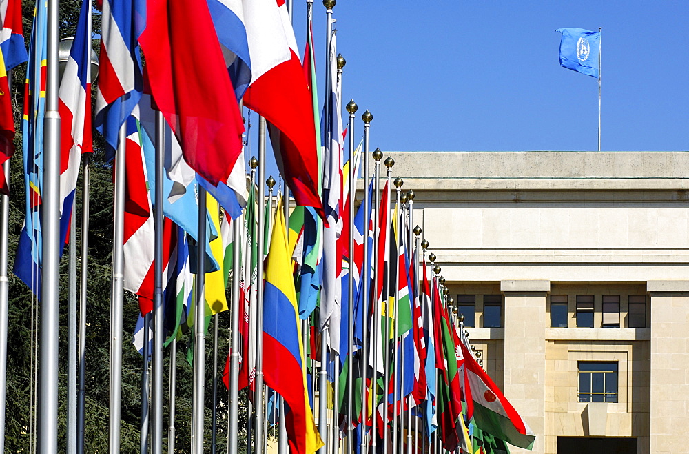 Flags from all over the world, courtyard with flags, United Nations, UN, Palais des Nations, Geneva, Switzerland, Europe