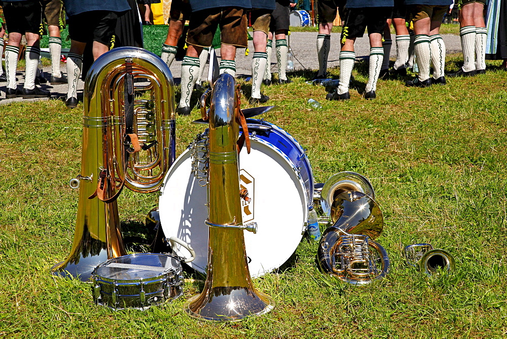 Musical instruments, procession through town with many participating clubs, Ascholding, municipality of Dietramszell, Bavaria, Germany, Europe