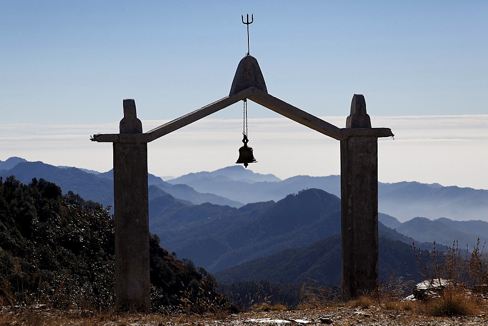 Temple bell at the entrance, Jhandi Devi view point, Uttarakhand region, northern India, India, Asia