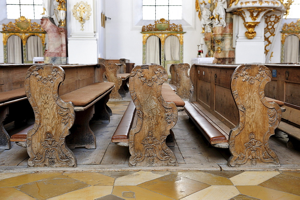 Elaborately carved pews in the Visitationists convent Kloster Dietramszell, Dietramszell, Upper Bavaria, Bavaria, Germany, Europe