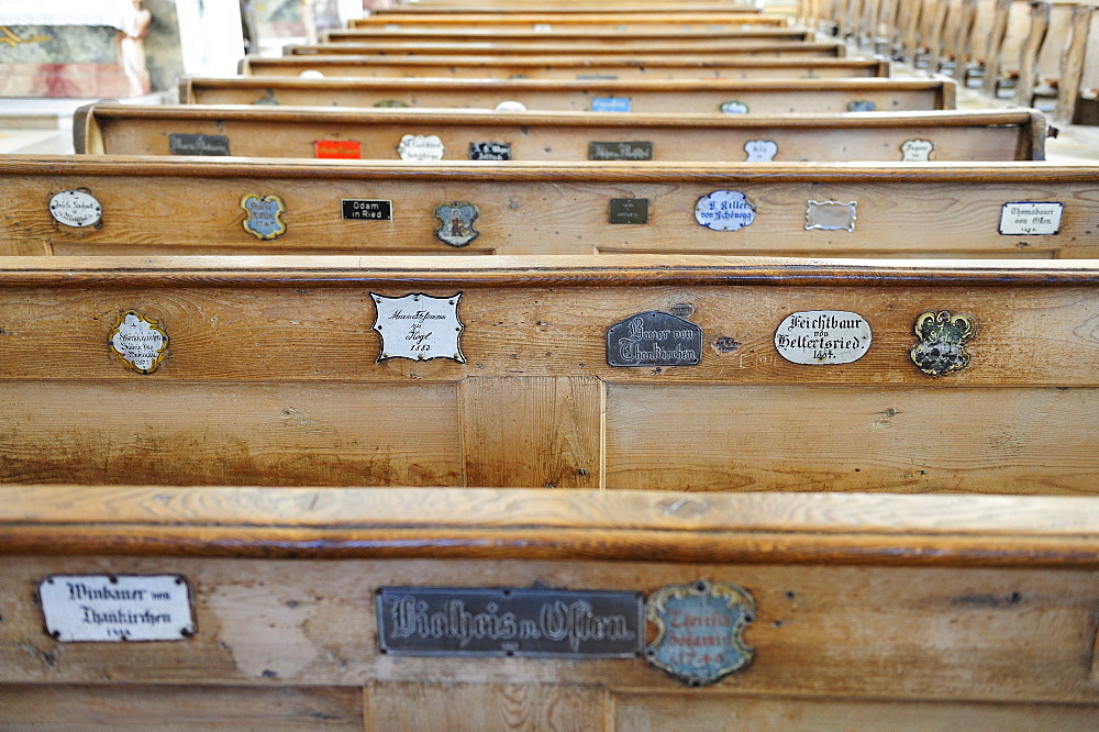 Church pews with nameplates, Visitationists convent Kloster Dietramszell, Dietramszell, Upper Bavaria, Bavaria, Germany, Europe