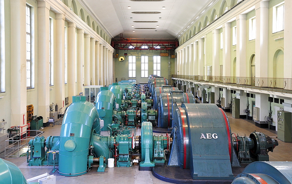 Turbine hall of Walchensee Hydroelectric Power Station, Kochel, Upper Bavaria, Bavaria, Germany, Europe