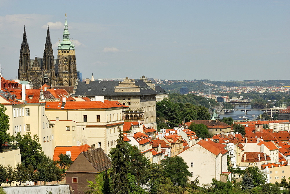 View from Strahov Monastery over the city of Prague, the Gothic Cathedral of St. Vitus and the Vltava River, Czech Republic, Europe