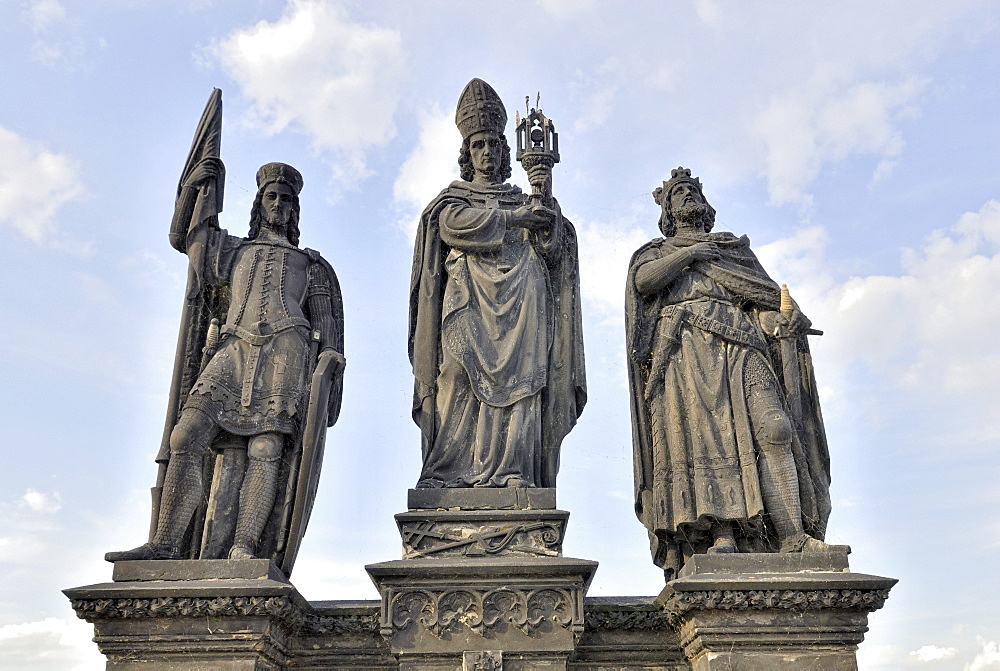 Norbert of Xanten, Wenceslas and Sigismund, the three patron saints of Bohemia, statues, Charles Bridge, Prague, Czech Republic, Europe