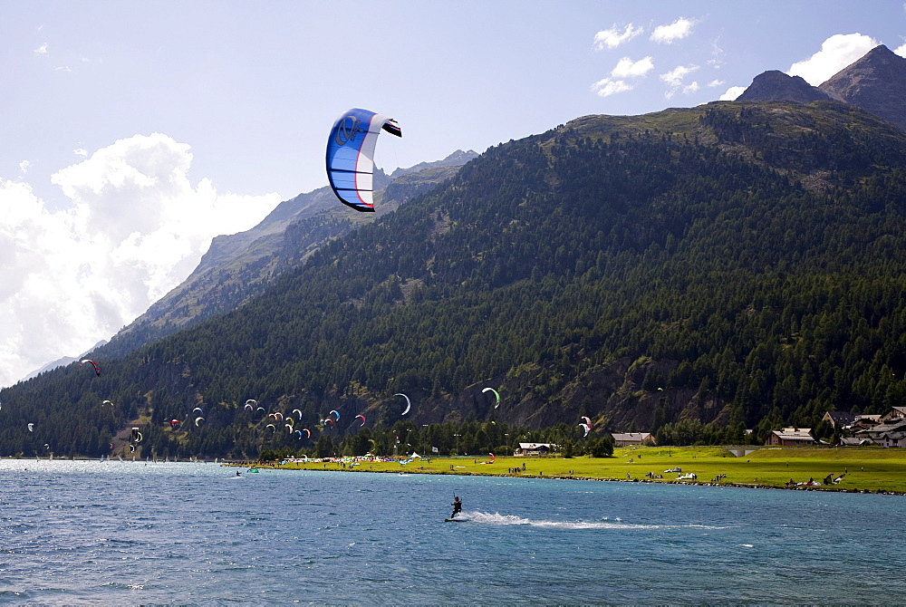 Kite surfer on Lake Sils, Engadin valley, Switzerland, Europe