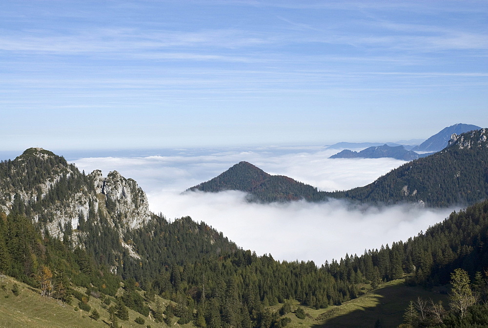 View of Kampenwand mountain, view from near the summit station looking towards the fog-shrouded Alps, Chiemgau area, Upper Bavaria, Germany, Europe