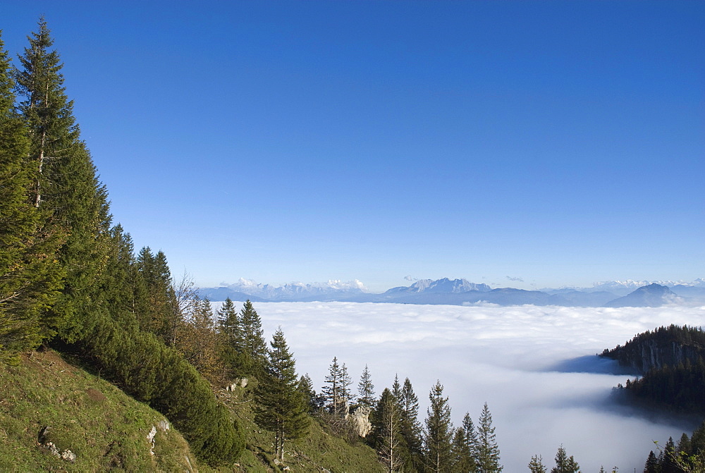 Kampenwand hiking area, view of the fog-shrouded Alps, Chiemgau, Upper Bavaria, Germany, Europe