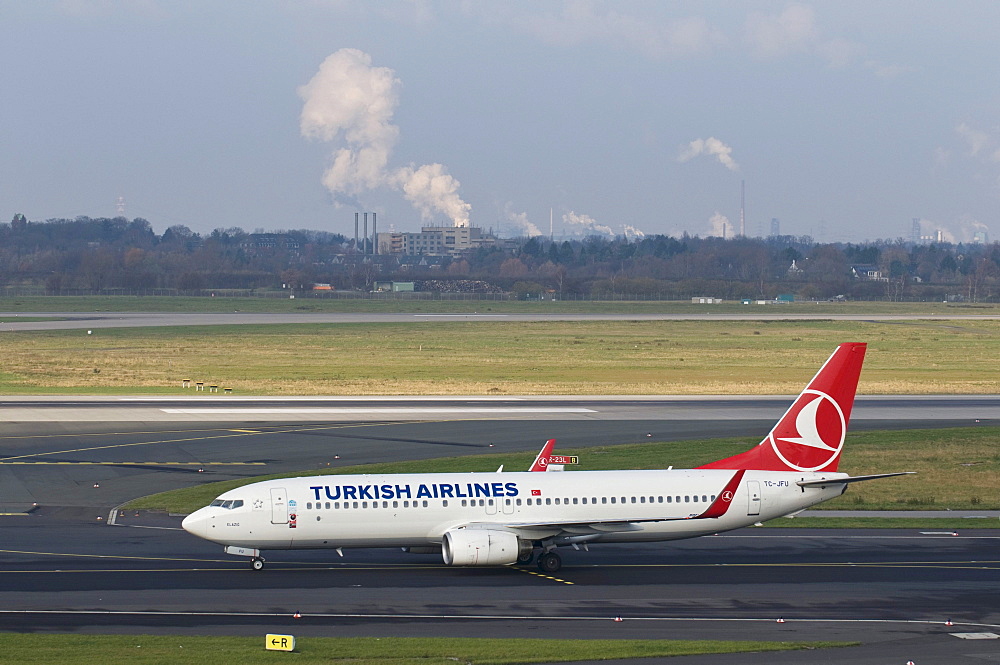 Turkish Airlines transport aircraft on the runway, Dusseldorf International Airport, North Rhine-Westphalia, Germany, Europe