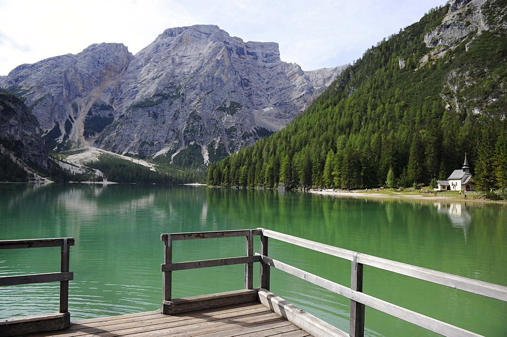 Pragser Wildsee or Braies Lake near Toblach, Dolomites, Alto Adige, Italy, Europe