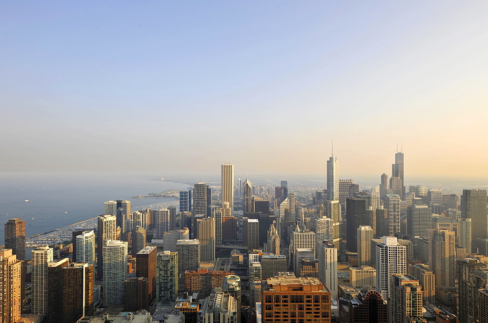 View of the Willis Tower, formerly named Sears Tower and renamed in 2009, Trump International Hotel and Tower, the Two Prudential Plaza, the Aon Center, the Tribune Tower and the Wrigley Building, Chicago, Illinois, United States of America, USA