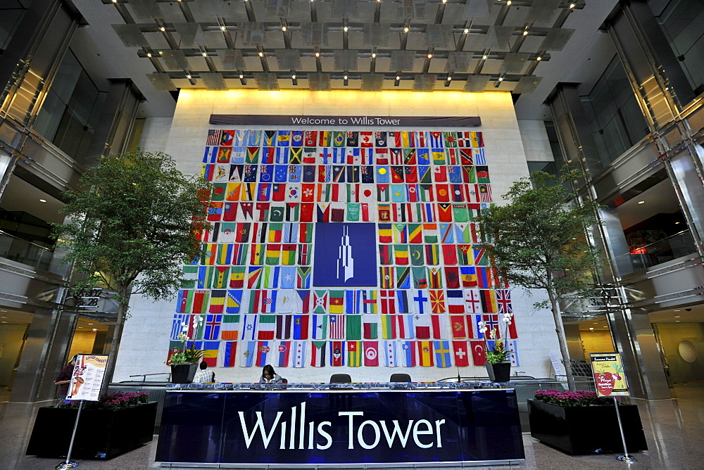 Interior view, entrance area of the Willis Tower, formerly named Sears Tower and renamed in 2009, Chicago, Illinois, United States of America, USA