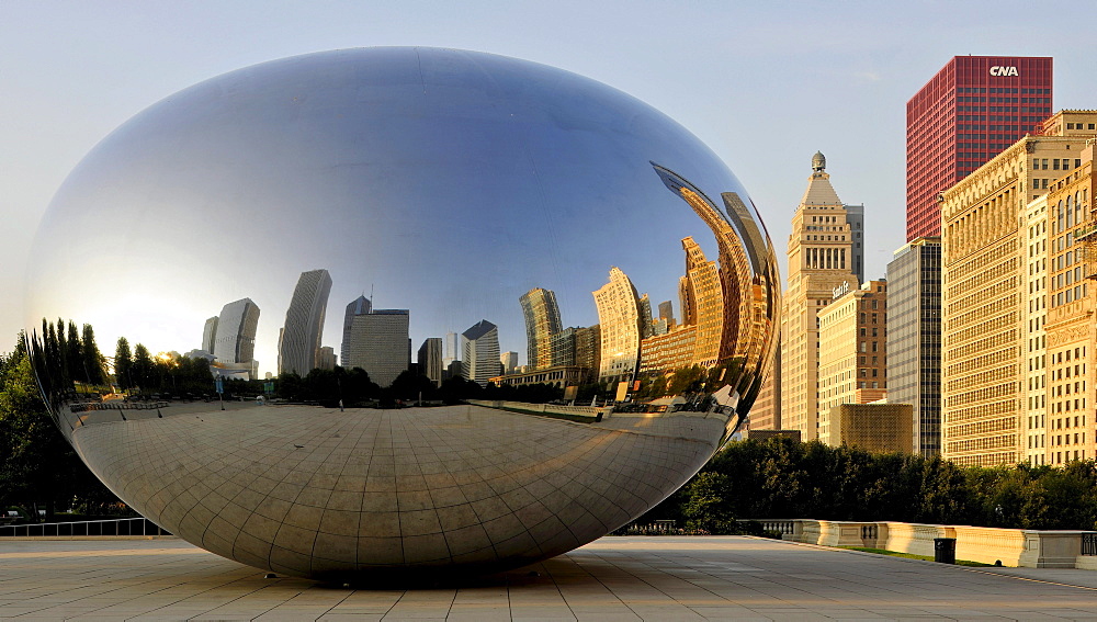 Chicago skyline being reflected on the surface of the Cloud Gate sculpture, nicknamed The Bean, created by Anish Kapoor, Legacy at Millennium Park Building, CNA Center, Pittsfield Building, AT&T Plaza, Millennium Park, Chicago, Illinois, United States of 