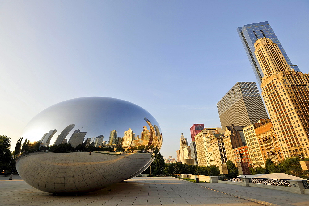 Chicago skyline being reflected on the surface of the Cloud Gate sculpture, nicknamed The Bean, created by Anish Kapoor, Legacy at Millennium Park Building, CNA Center, Pittsfield Building, AT&T Plaza, Millennium Park, Chicago, Illinois, United States of 