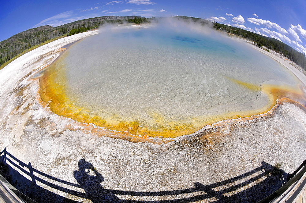 Sunset Lake, geyser, drainage area with a boardwalk, coloured thermophilic bacteria, microorganisms, Black Sand Basin, Upper Geyser Basin, Yellowstone National Park, Wyoming, United States of America, USA