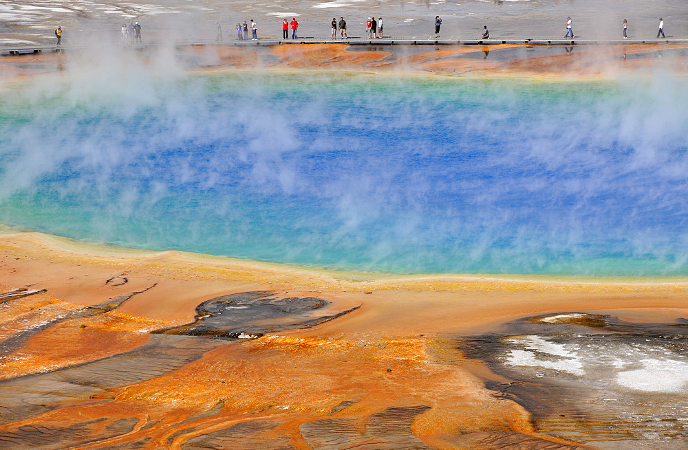 Tourists on boardwalk, Grand Prismatic Spring, Midway Geyser Basin, colored thermophilic bacteria, microorganisms, hot springs, Yellowstone National Park, Wyoming, United States of America, USA