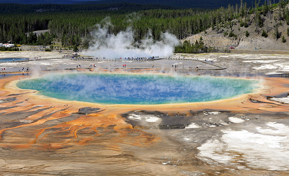 Tourists on boardwalk, Grand Prismatic Spring, Midway Geyser Basin, colored thermophilic bacteria, microorganisms, hot springs, Yellowstone National Park, Wyoming, United States of America, USA