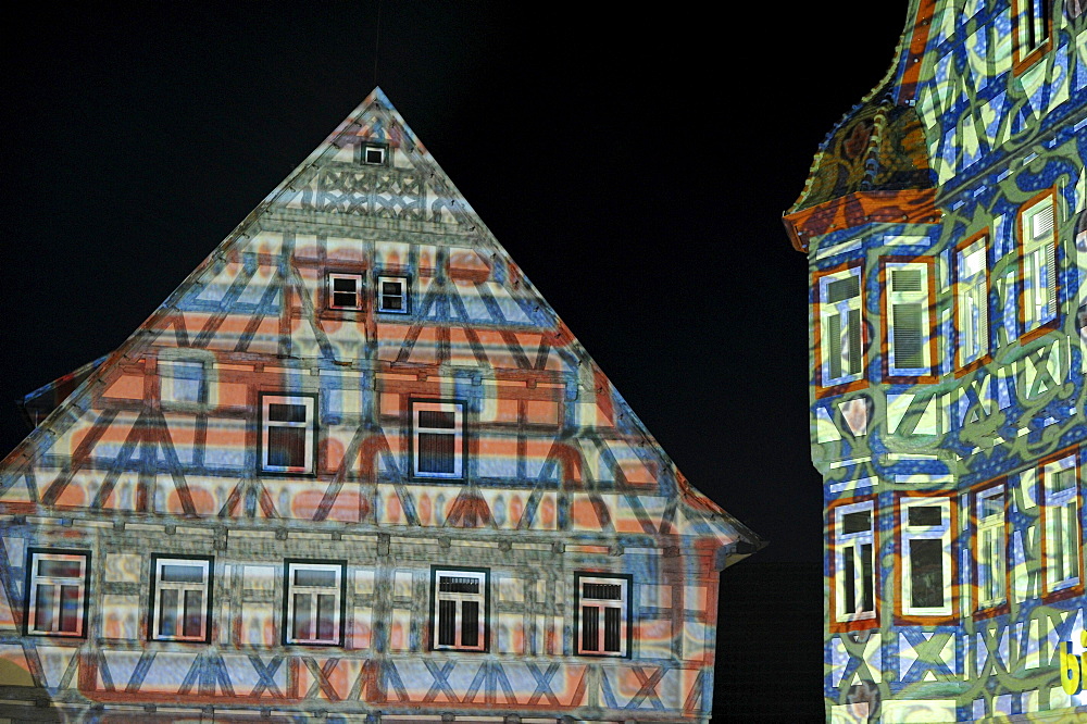 Waiblingen Leuchtet, illumination, old town, half-timbered houses, market place, Waiblingen, Rems-Murr-Kreis district, Baden-Wuerttemberg, Germany, Europe