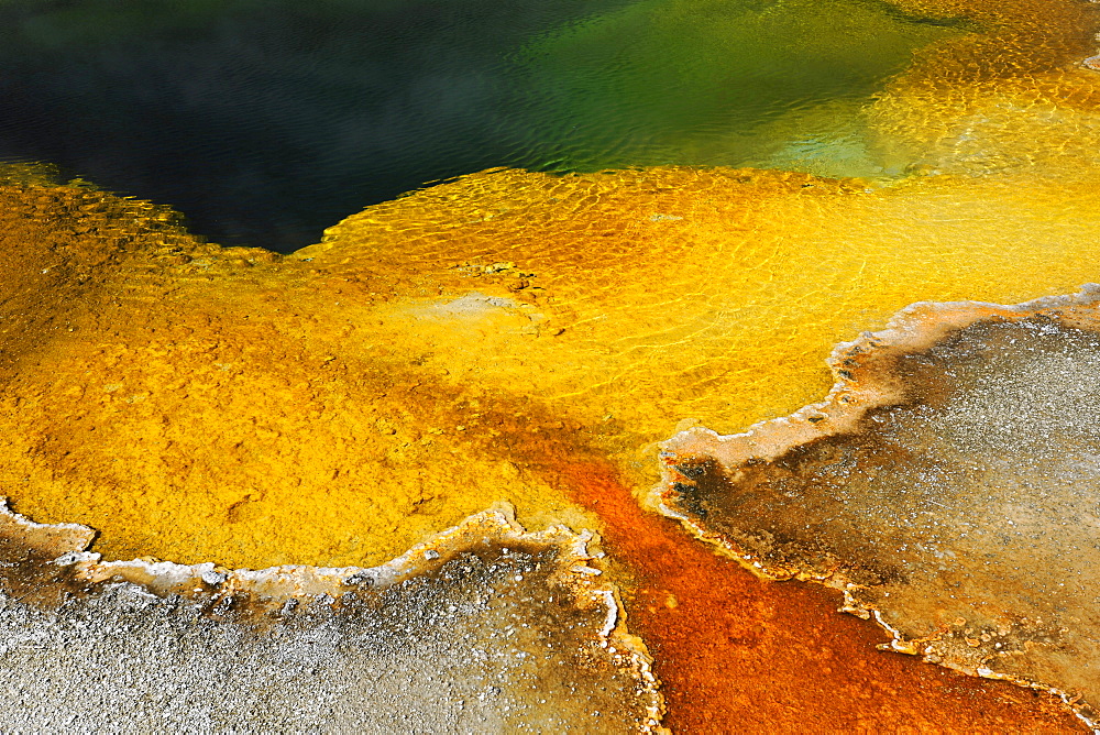 Emerald Pool Geyser, drainage area, colored thermophilic bacteria, microorganisms, geothermal sources, Black Sand Basin, Upper Geyser Basin, Yellowstone National Park, Wyoming, United States of America, USA