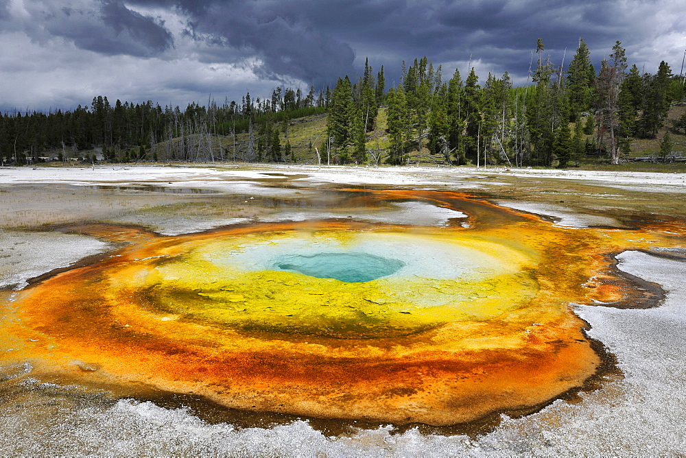 Chromatic Pool Geyser, stormy atmosphere, Upper Geyser Basin, geothermal springs in Yellowstone National Park, Wyoming, United States of America, USA