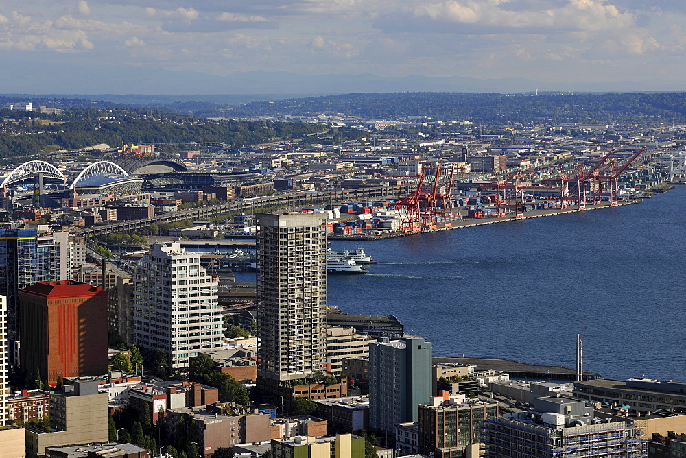 View towards the southwest, Seahawk Stadium, Qwest Field, Seattle Harbor, Elliott Bay, Seattle, Washington, United States of America, USA