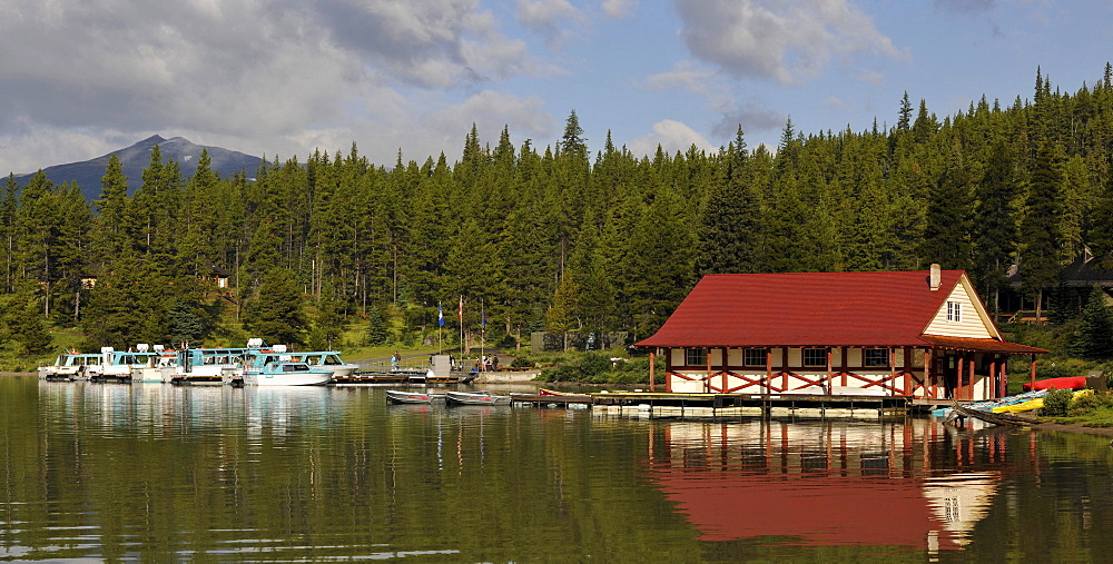 Historic boathouse on the shore of Maligne Lake, Maligne Valley, Jasper National Park, Alberta, Canada