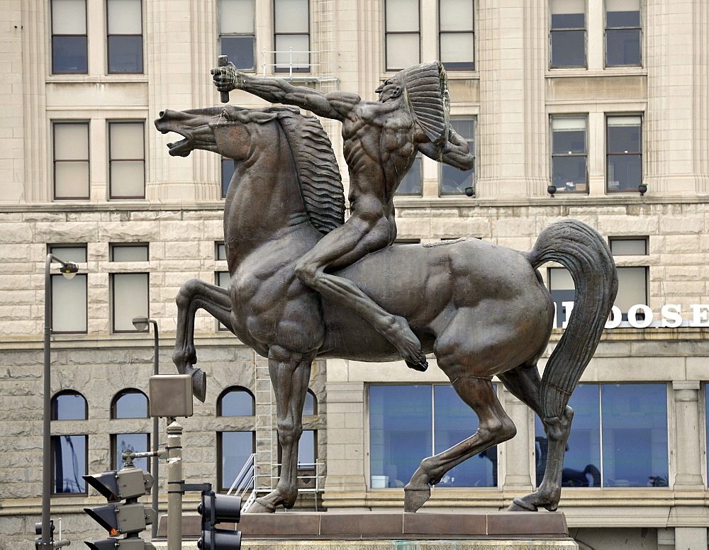 Bronze statue of an Indian warrior, The Native American, Spearman and the Bowman, designed by Ivan Mestrovic at the entrance of the Congress Parkway, Chicago, Illinois, United States of America, USA