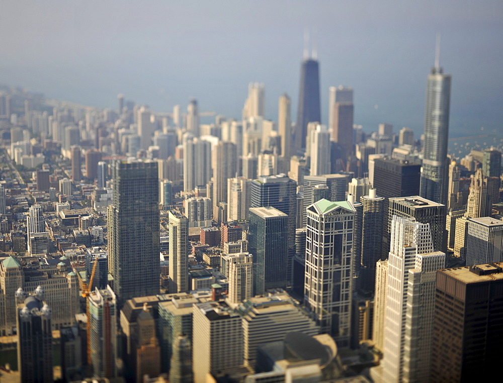 Miniaturization effect, looking towards John Hancock Center, Trump International Hotel and Tower, and 900 North Michigan skyscrapers, Chicago, Illinois, United States of America, USA